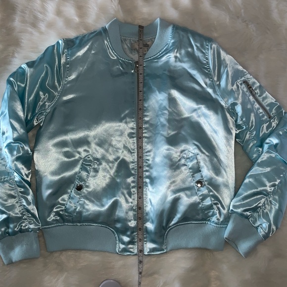 🔹BABY BLUE BOMBER JACKET, Satiny, Charlotte Russe - Picture 9 of 16